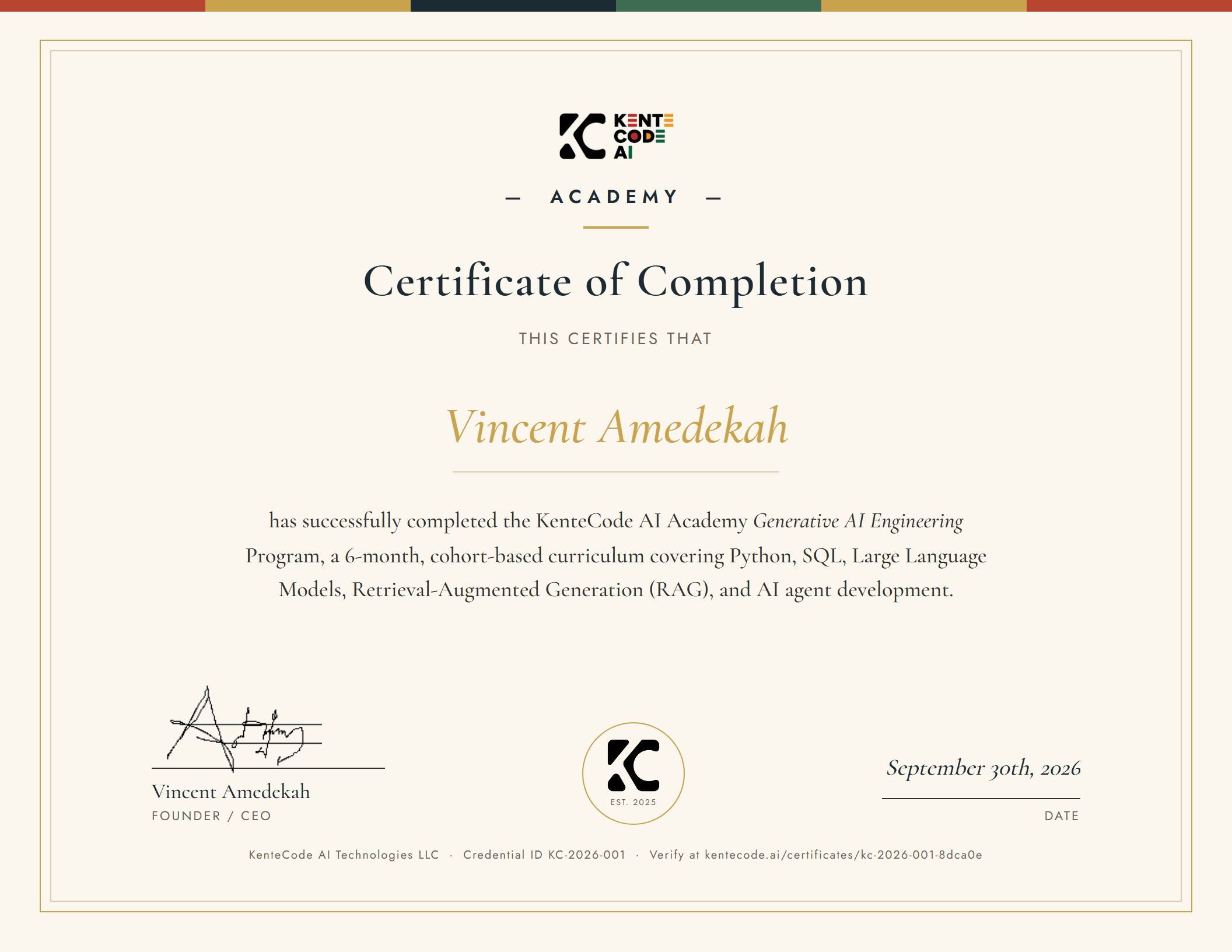 Certificate of completion awarded to Vincent Amedekah for the KenteCode AI Academy Generative AI Engineering program
